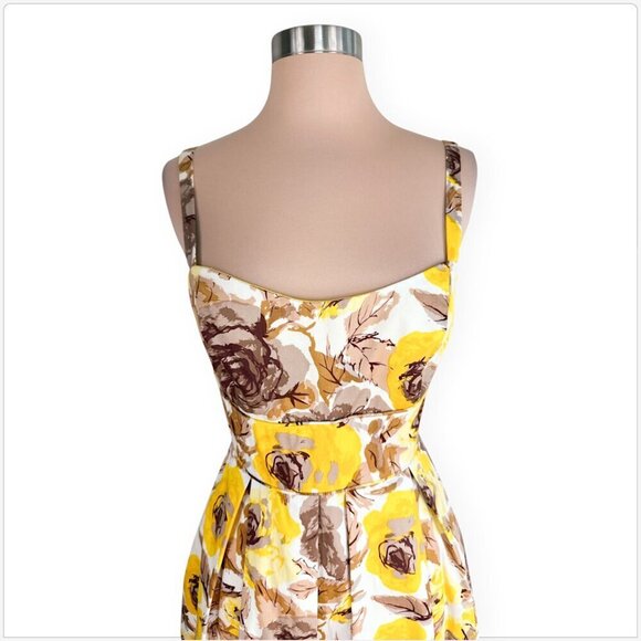 Maggy London Yellow Brown Floral Vintage Retro Look Sundress Dress Feminine 10P - Picture 2 of 5